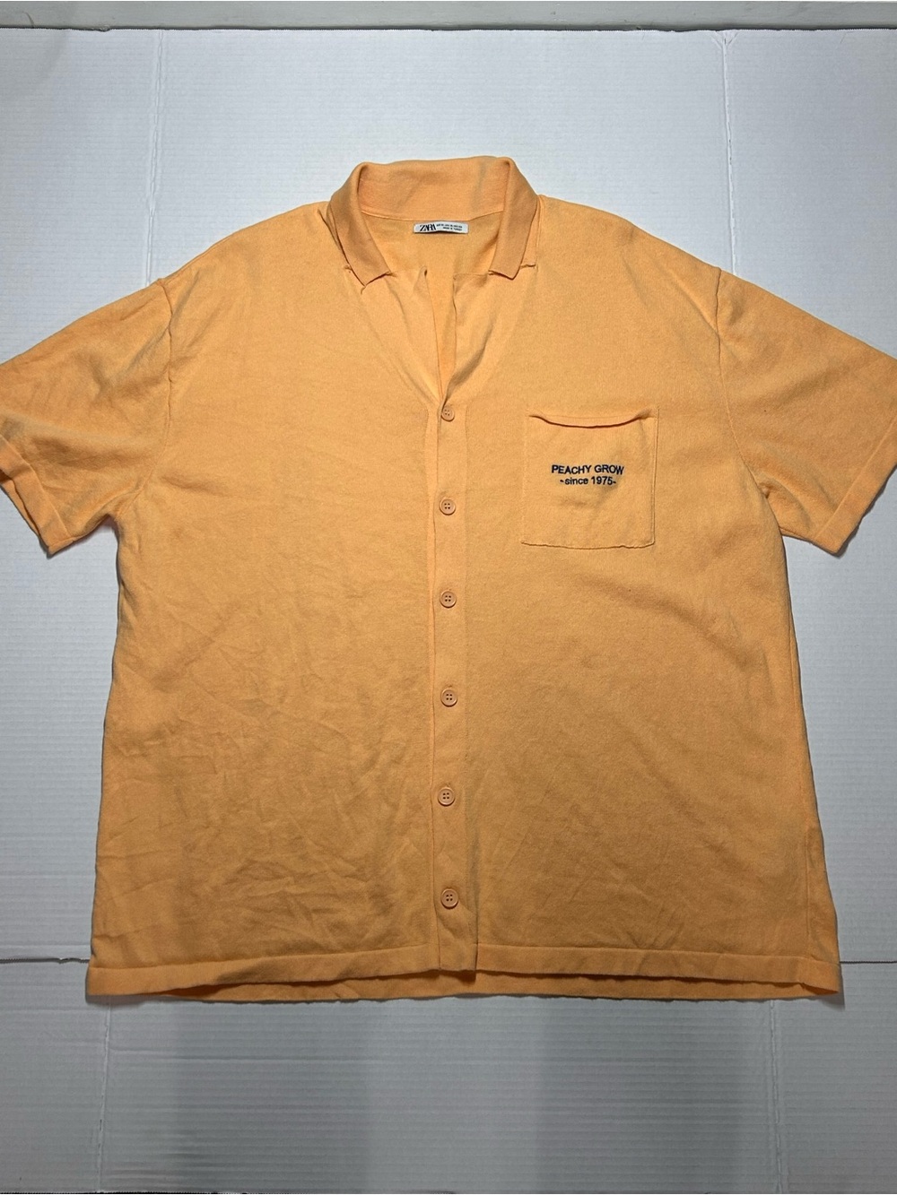 ZARA Men’s XL Peach Knit Polo Shirt Short Sleeve Button Up Pocket